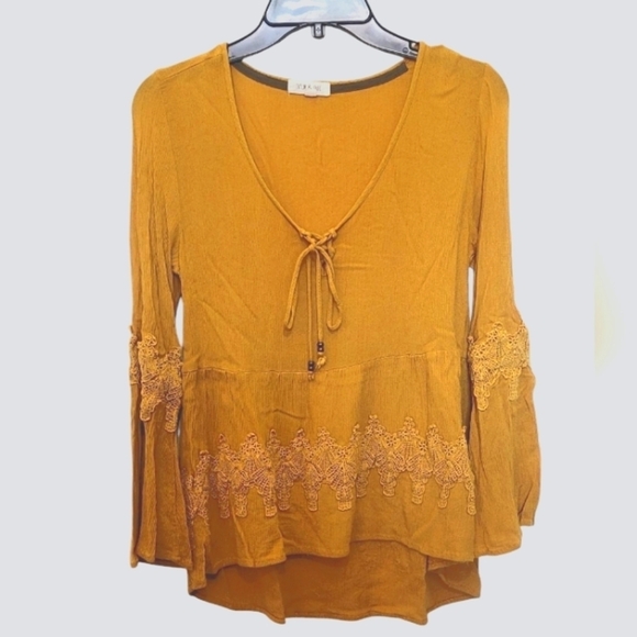 Taylor & Sage Mustard Yellow Embroidery Lace Detail Bell Sleeve Boho Blouse - Picture 1 of 7